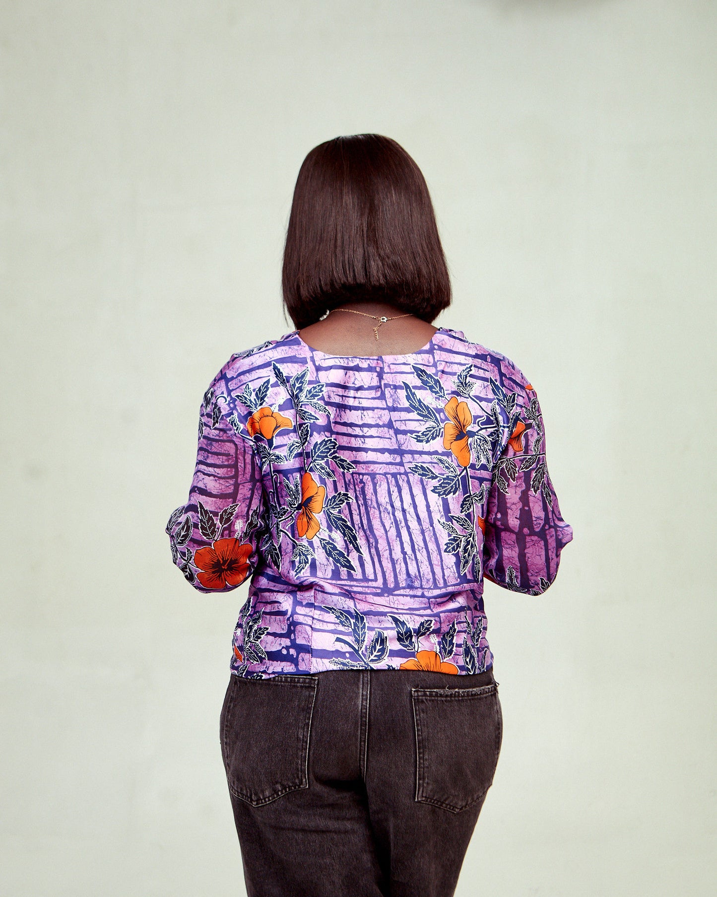 PURPLE WITH ORANGE FLORAL PRINTS COWL NECK BLOUSE